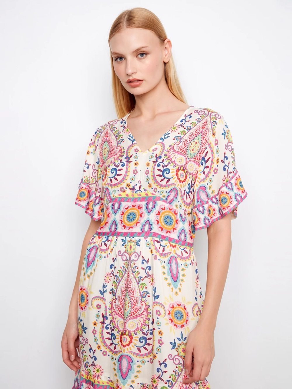 CHARLIE B Paisley Floral V-Neck Tunic Dress in Cream, Pink, Blue